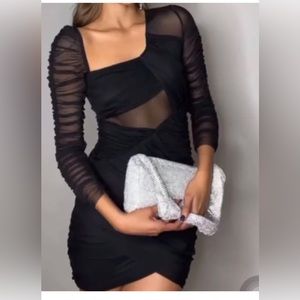 NWT Zara Black Short Long Sleeve Mesh Dress With Ruching Size XS
